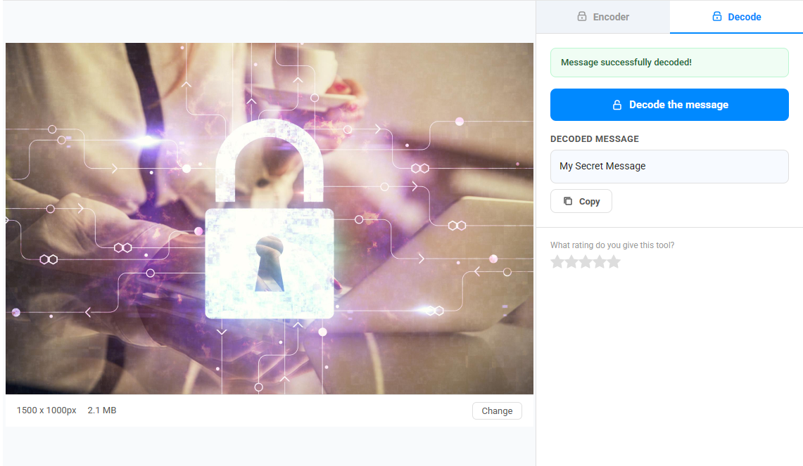 IMAGE_5: Screenshot of the TextStudio Hide Text in Image tool in Decode mode — showing the decoded message revealed in the result box with a success notification