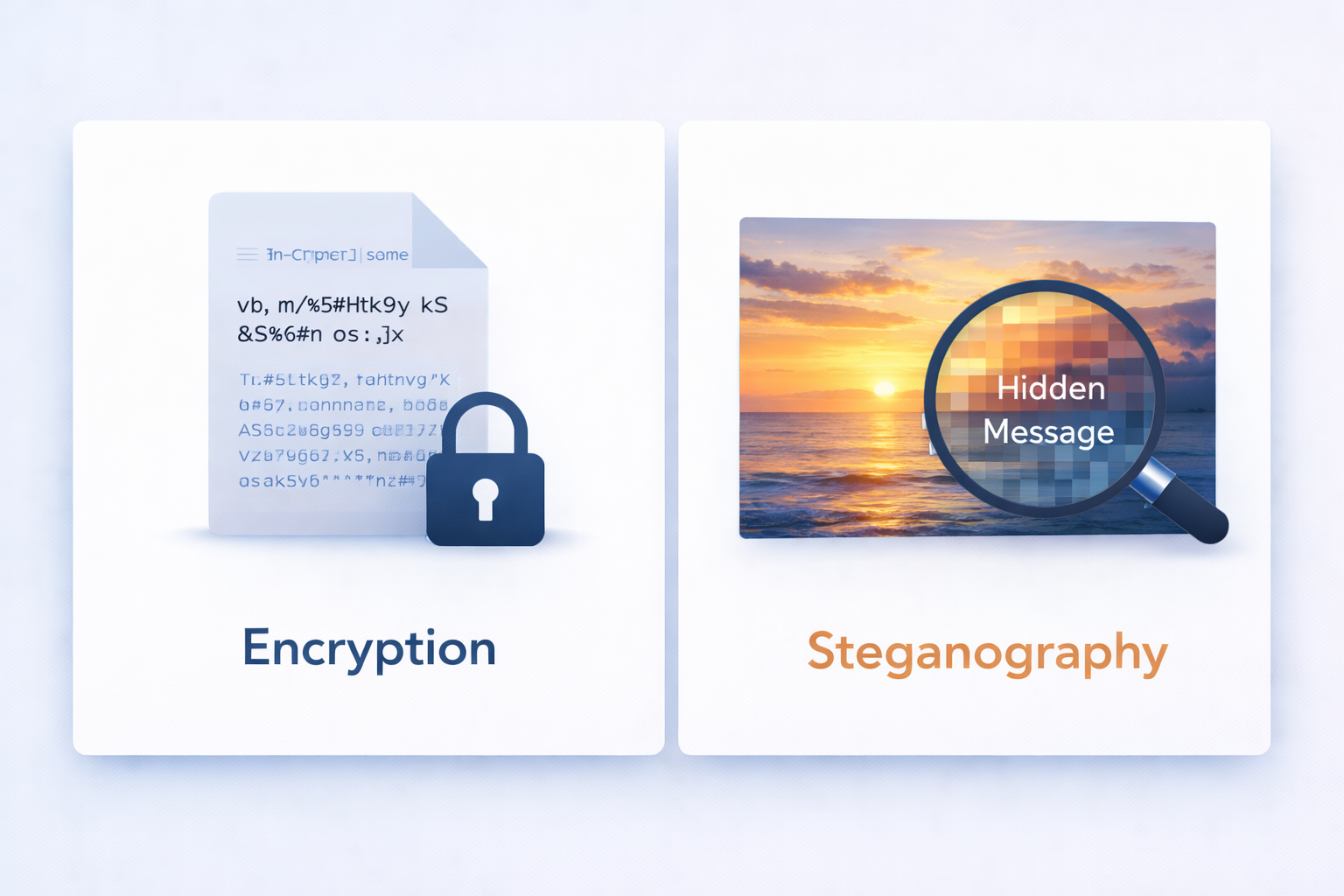 Steganography vs encryption illustration showing hidden text inside an image compared to unreadable encrypted message