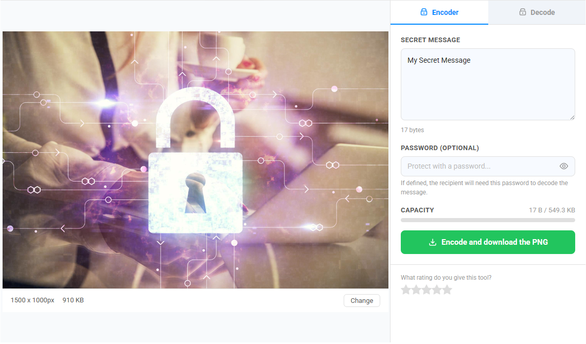 IMAGE_4: Screenshot of the TextStudio Hide Text in Image tool in Encode mode — showing an uploaded landscape image on the left, and the controls panel on the right with a secret message typed and a password field filled