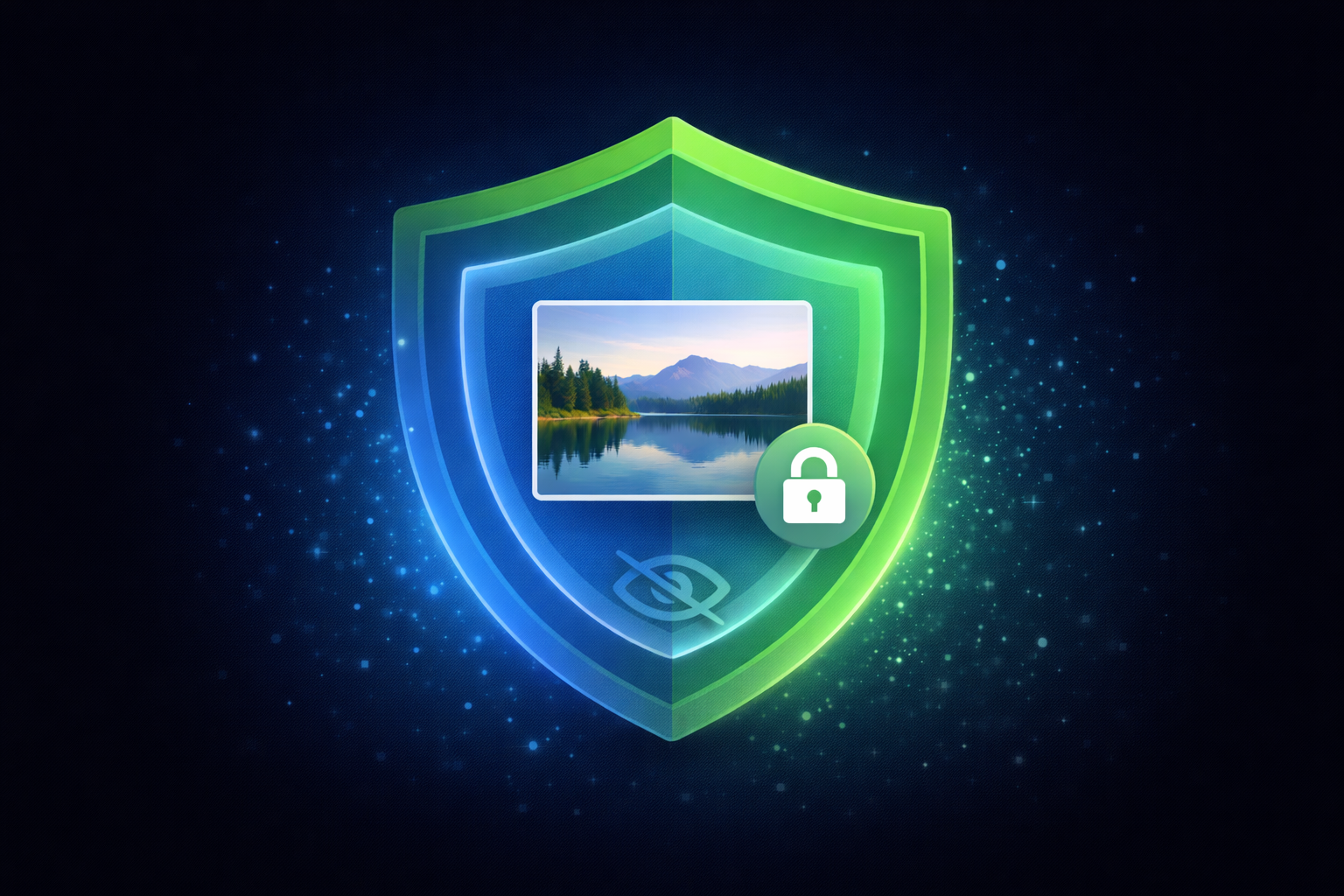 IMAGE_7: Illustration of the double protection concept — an image icon with a first shield layer labeled "Steganography: Hidden" and a second shield layer labeled "AES-256: Encrypted", modern security infographic style, wide format