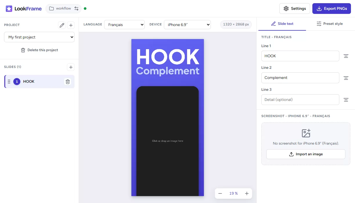 Adding a headline caption above the phone in LookFrame's App Store screenshot editor