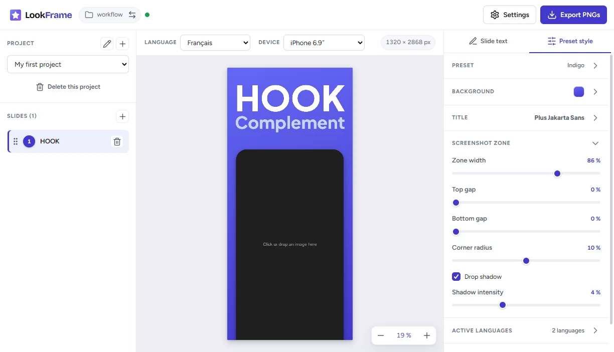 Choosing the caption font and background style for an App Store screenshot in LookFrame
