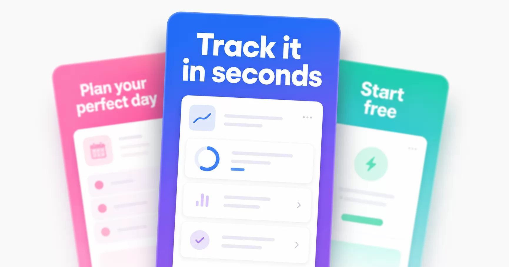 Three App Store screenshots with bold headline captions above phone mockups