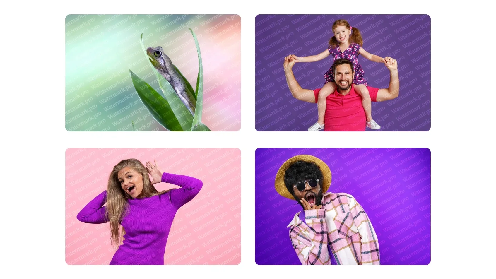 Traitement par lots : quatre images différentes, chacune avec un placement de filigrane correctement adapté