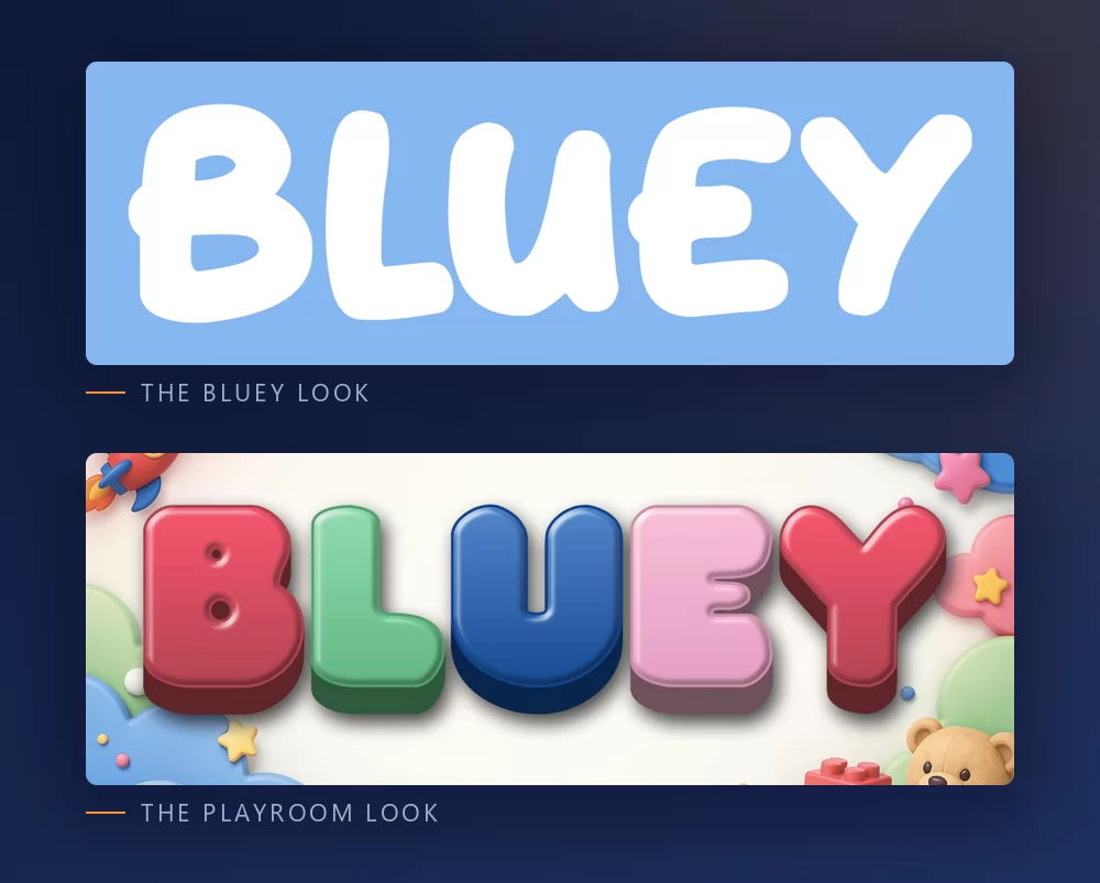The same name shown twice: first in chunky white rounded capitals on sky blue, then in pastel plastic playroom letters with toys around them