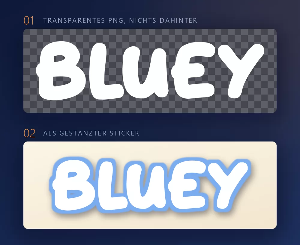 Derselbe Schriftzug zweimal gezeigt: zuerst auf einem dunklen Schachbrett für transparenten Hintergrund, dann als gestanzter Sticker mit himmelblauem Rand auf einer cremefarbenen Fläche