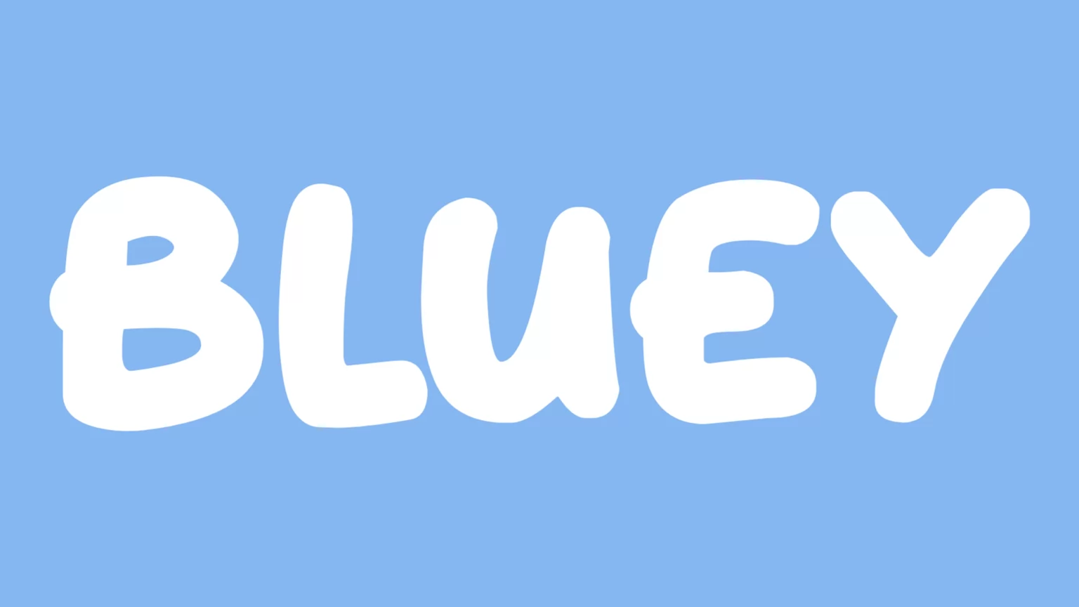 The word Bluey in chunky white rounded capitals on a sky blue background