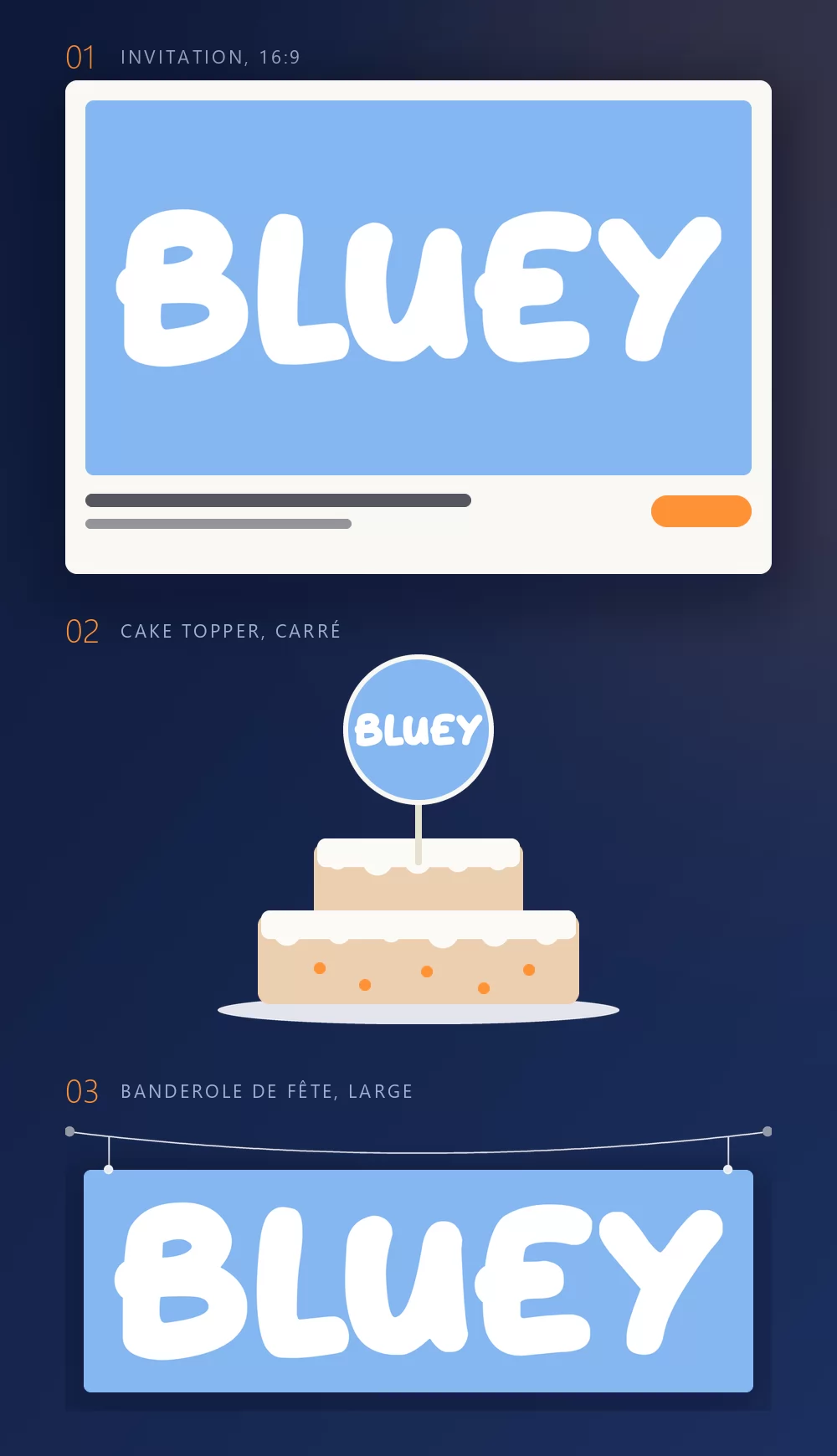 Le même prénom dans trois mises en situation de fête : en visuel d'une invitation imprimée avec des lignes de texte dessous, en cake topper rond sur un bâtonnet planté dans un gâteau rose, et en banderole suspendue à deux cordons