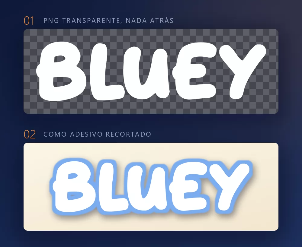 As mesmas letras mostradas duas vezes: primeiro sobre um quadriculado escuro que indica fundo transparente, depois como adesivo recortado com borda azul-céu sobre uma superfície creme
