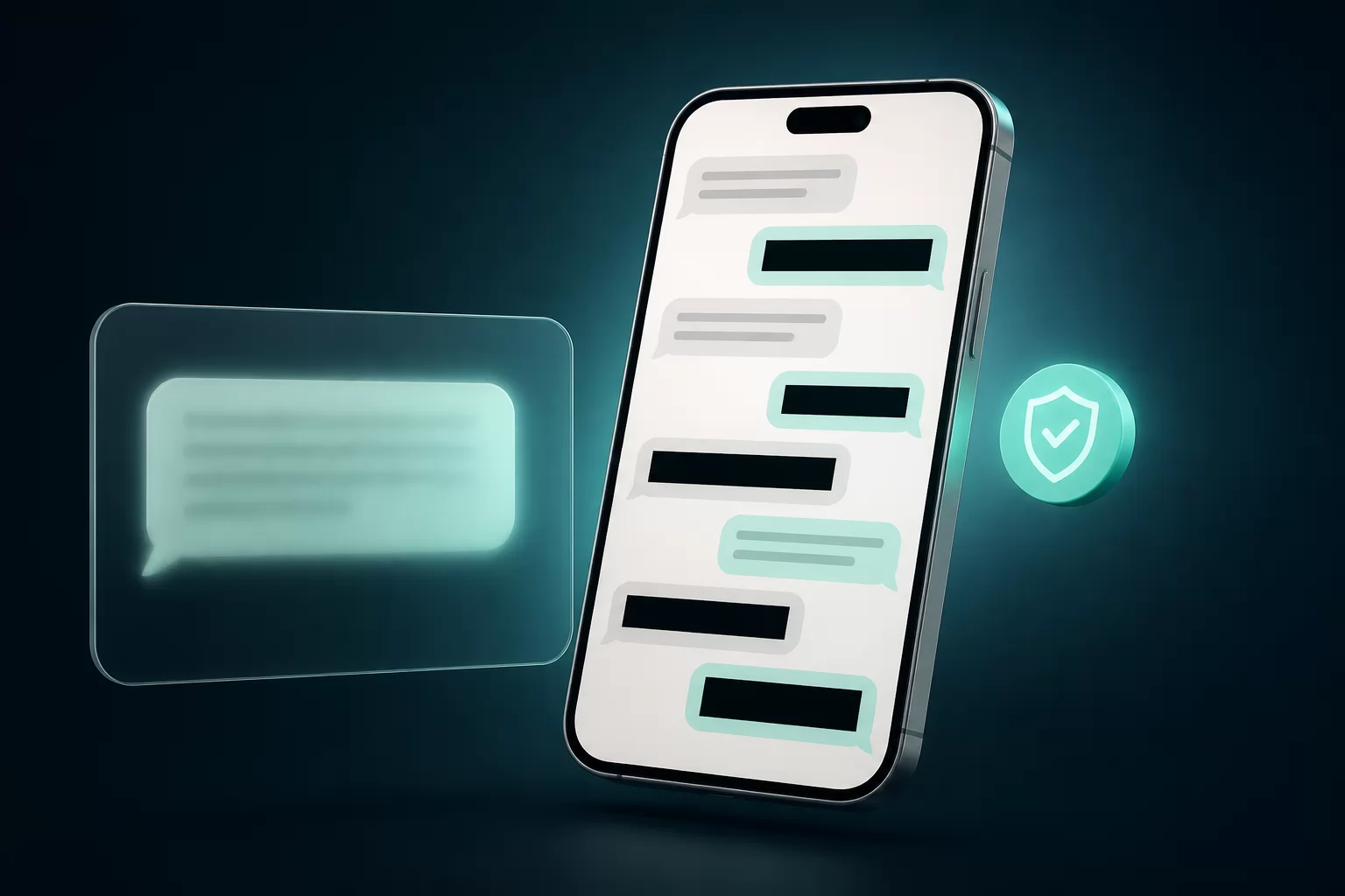 A phone showing a chat screenshot with opaque black redaction bars, next to a floating panel where the same message is only softly blurred and still faintly legible