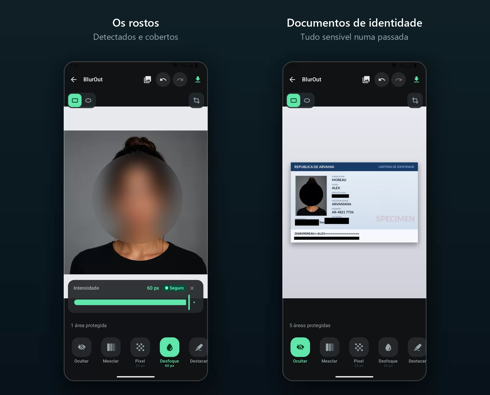 Duas telas de celular: uma foto de retrato com o rosto coberto por um desfoque circular forte de 62 pixels marcado como «Safe», e um documento de identidade com data de nascimento, endereço, data de validade e faixa legível por máquina cobertos cada um por uma barra preta opaca