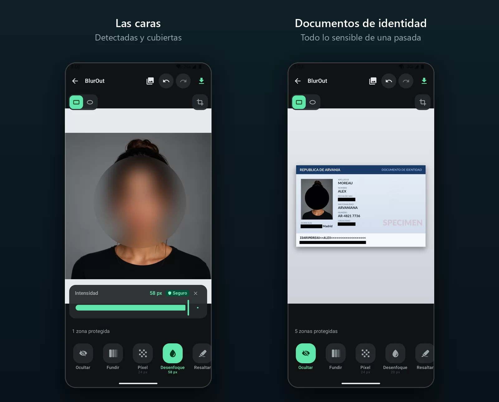 Dos pantallas de teléfono: una foto de retrato con la cara cubierta por un desenfoque circular fuerte de 62 píxeles marcado como «Safe», y un documento de identidad con la fecha de nacimiento, la dirección, la fecha de caducidad y la banda legible por máquina cubiertas cada una por una barra negra opaca