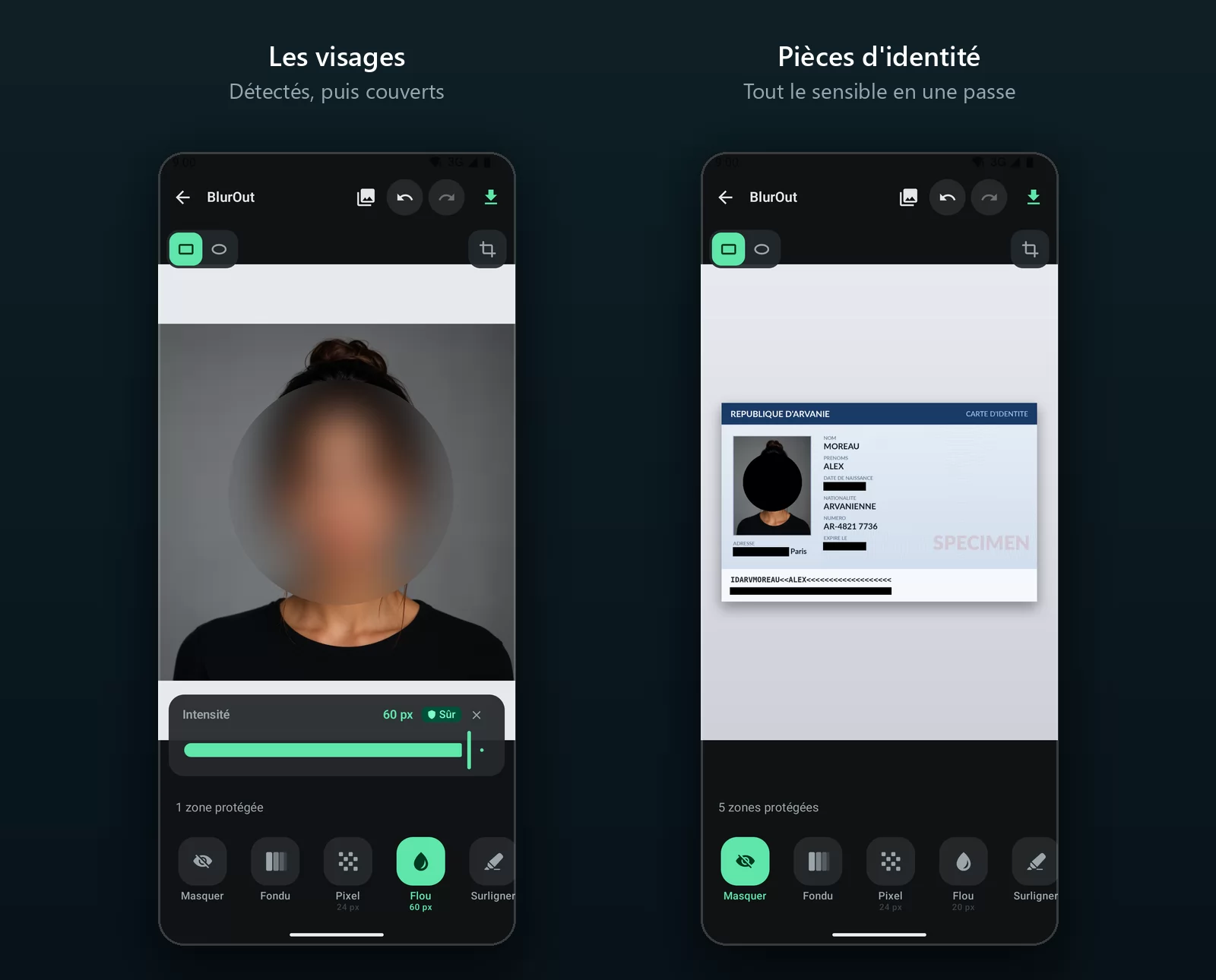 Deux écrans de téléphone : une photo de portrait dont le visage est couvert d'un flou circulaire fort à 62 pixels marqué « Safe », et une carte d'identité dont la date de naissance, l'adresse, la date d'expiration et la bande lisible par machine sont chacune couvertes d'une barre noire opaque
