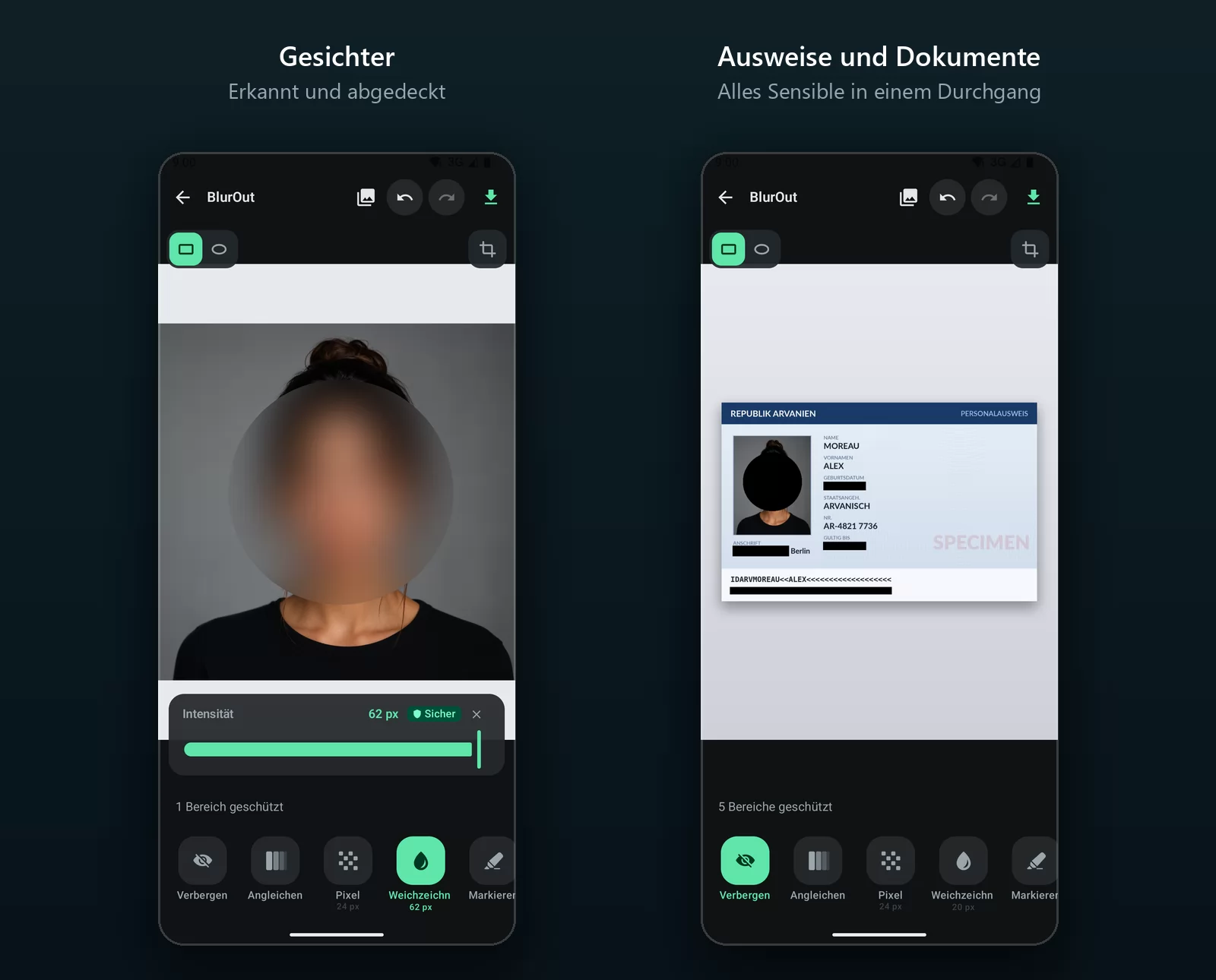 Zwei Telefonbildschirme: ein Porträtfoto, dessen Gesicht von einem starken kreisförmigen Weichzeichner mit 62 Pixeln und der Markierung «Safe» verdeckt ist, und ein Personalausweis, bei dem Geburtsdatum, Adresse, Ablaufdatum und maschinenlesbarer Streifen jeweils von einem deckenden schwarzen Balken verdeckt sind