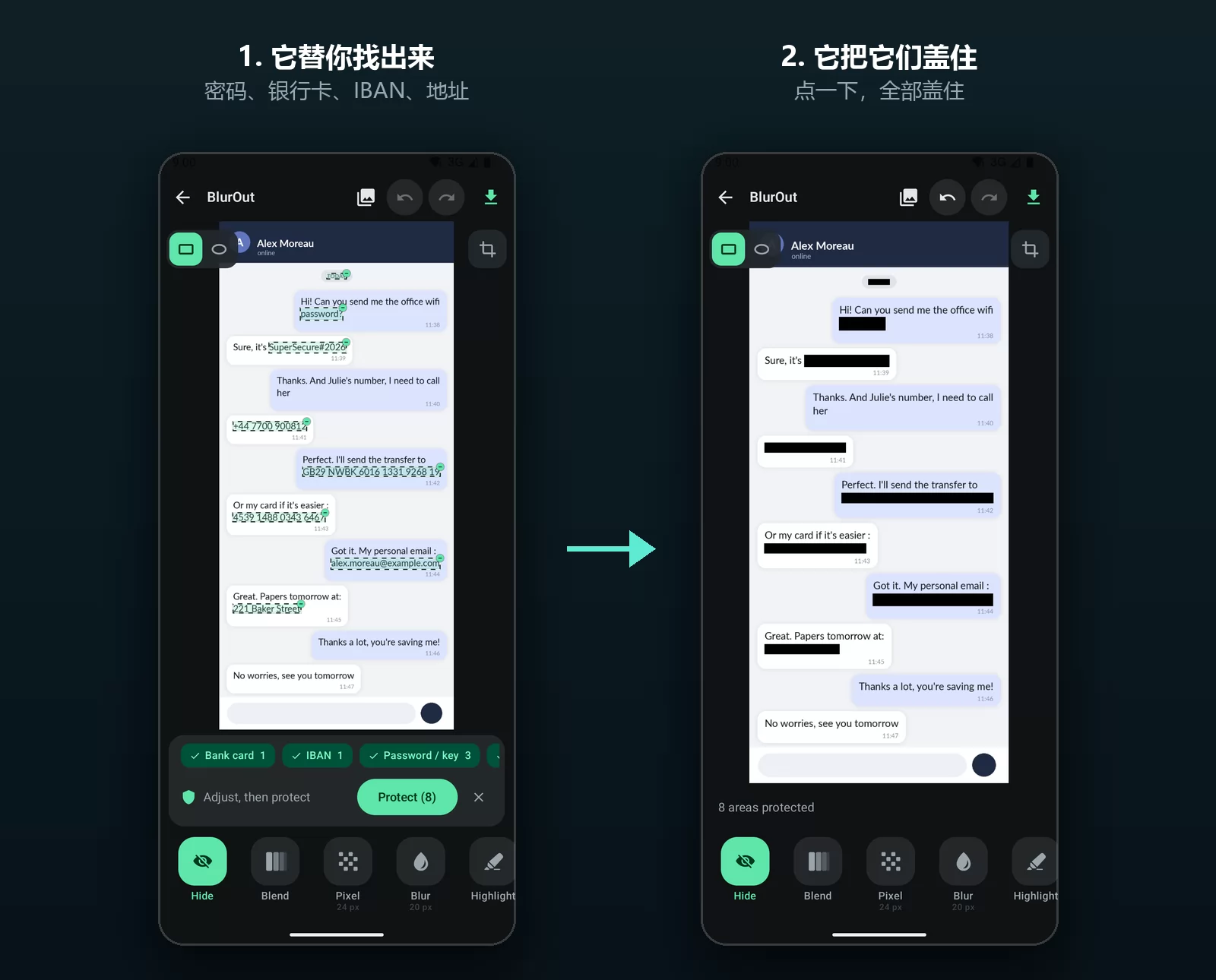 两个并排的手机界面：BlurOut 在一张聊天截图里识别出敏感信息，标注了银行卡、IBAN 和密码，右边是同一段对话，每一项都被不透明的黑色色块盖住