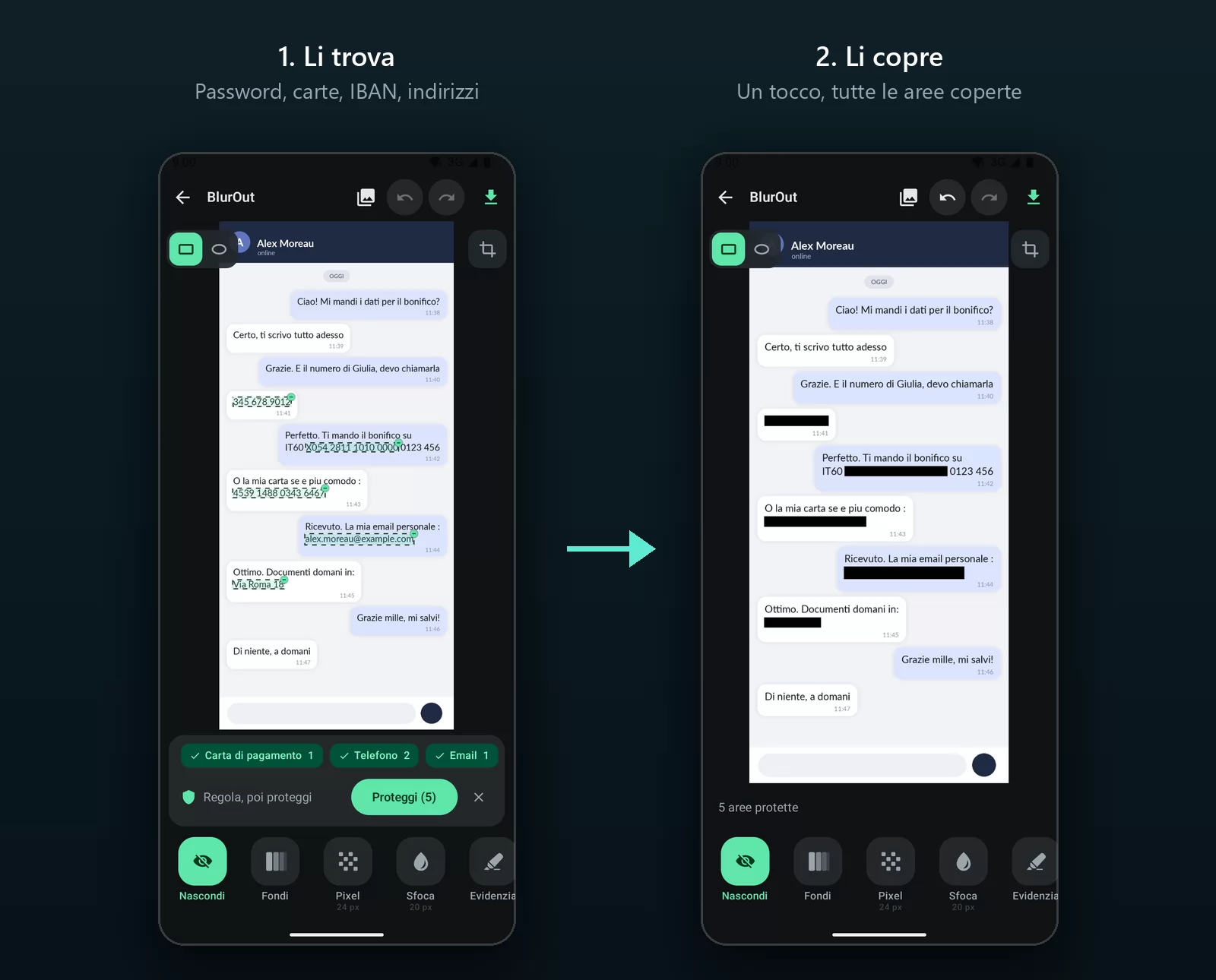 Due schermate di telefono affiancate: BlurOut che rileva gli elementi sensibili nello screenshot di una conversazione con etichette carta bancaria, IBAN e password, poi la stessa conversazione con ognuno di essi coperto da una barra nera coprente