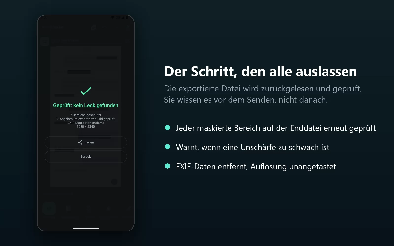 Der Ergebnisbildschirm von BlurOut mit der Meldung «Verified: no leak detected», den geschützten Bereichen, den auf dem exportierten Bild geprüften Elementen, entfernten EXIF-Metadaten und voller Auflösung 1080 mal 2340