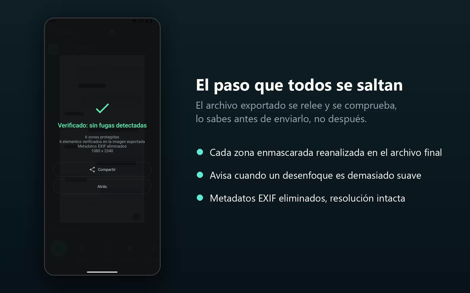 La pantalla de resultado de BlurOut mostrando «Verified: no leak detected», con las zonas protegidas y los elementos verificados sobre la imagen exportada, metadatos EXIF eliminados, a resolución completa 1080 por 2340