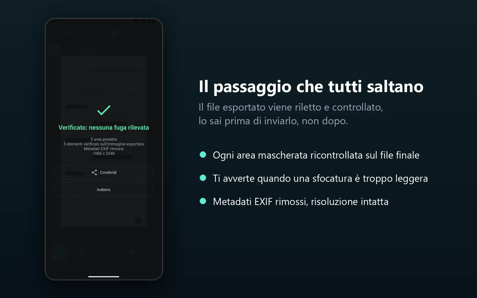 La schermata di risultato di BlurOut che mostra «Verified: no leak detected», con le aree protette e gli elementi verificati sull'immagine esportata, metadati EXIF rimossi, a piena risoluzione 1080 per 2340