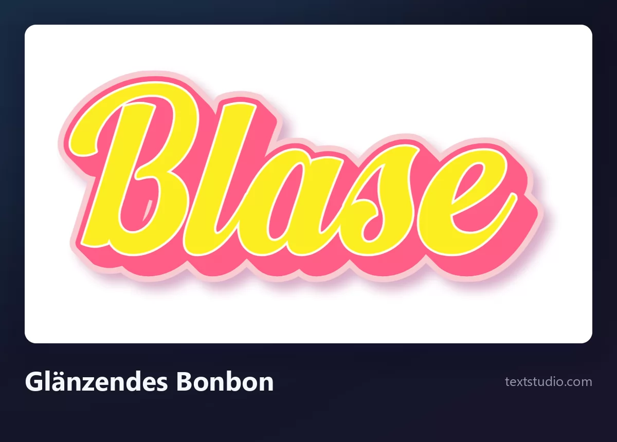 Das Wort Blase in einer glänzenden Bonbon-Bubble-Schreibschrift, verbundene gelbe Buchstaben mit rosa Schatten und einem hellen Lichtreflex über der Oberkante