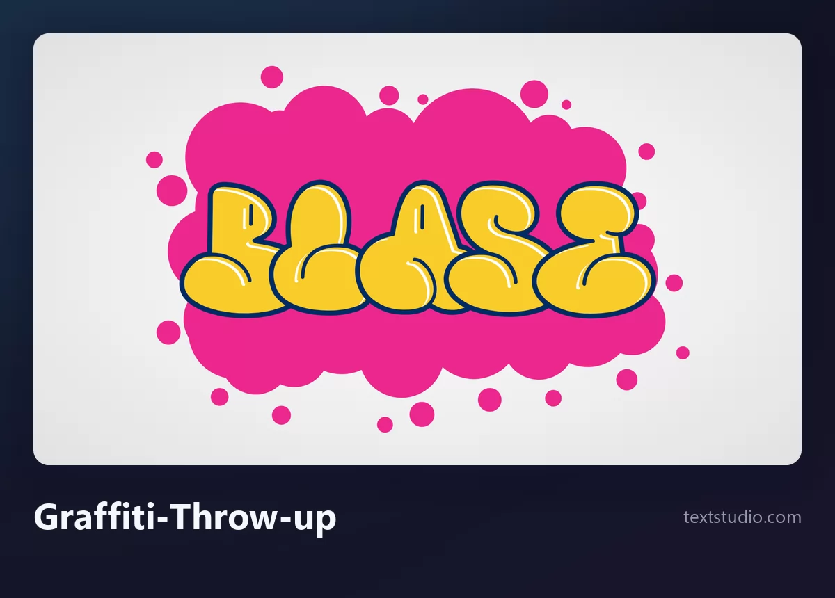 Das Wort Blase als Graffiti-Throw-up, gelbe aufgeblasene Buchstaben mit dunkler Kontur, die sich auf einer rosa Wolkenform überlagern