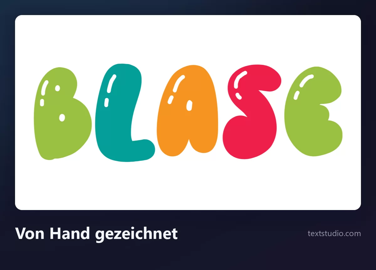 Das Wort Blase in handgezeichneten Bubble-Buchstaben, dicke ungleichmäßige Formen in Grün, Türkis, Orange und Rot mit kleinen weißen Glanzlichtern und ohne Kontur