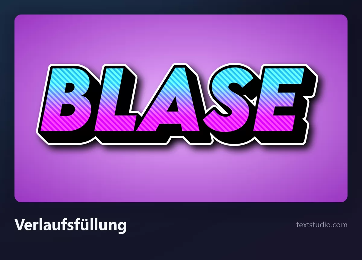 Das Wort Blase in Bubble-Buchstaben mit Verlauf, Füllung von Cyan nach Magenta in einer dicken schwarzen Kontur auf violettem Hintergrund