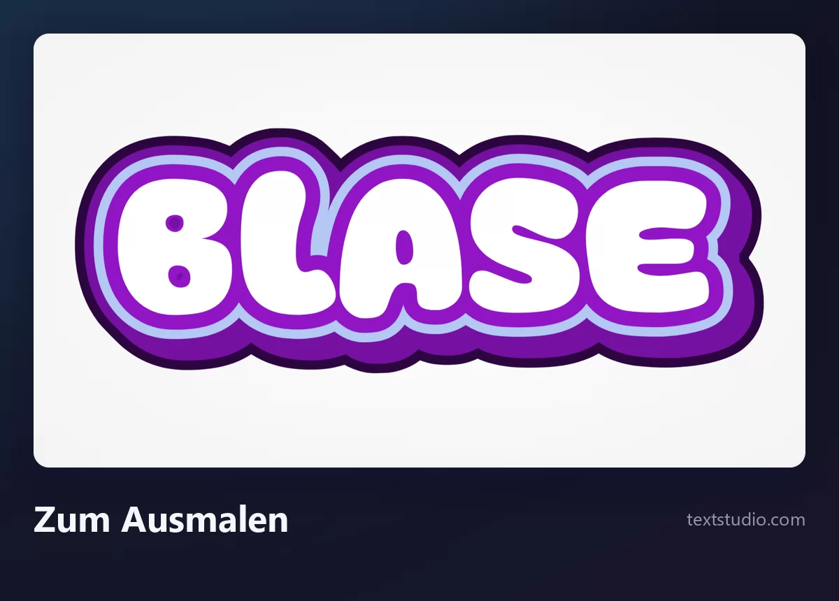 Das Wort Blase in weißen Bubble-Buchstaben, umgeben von gestapelten hellblauen und violetten Konturen, das Innere leer und bereit zum Ausmalen