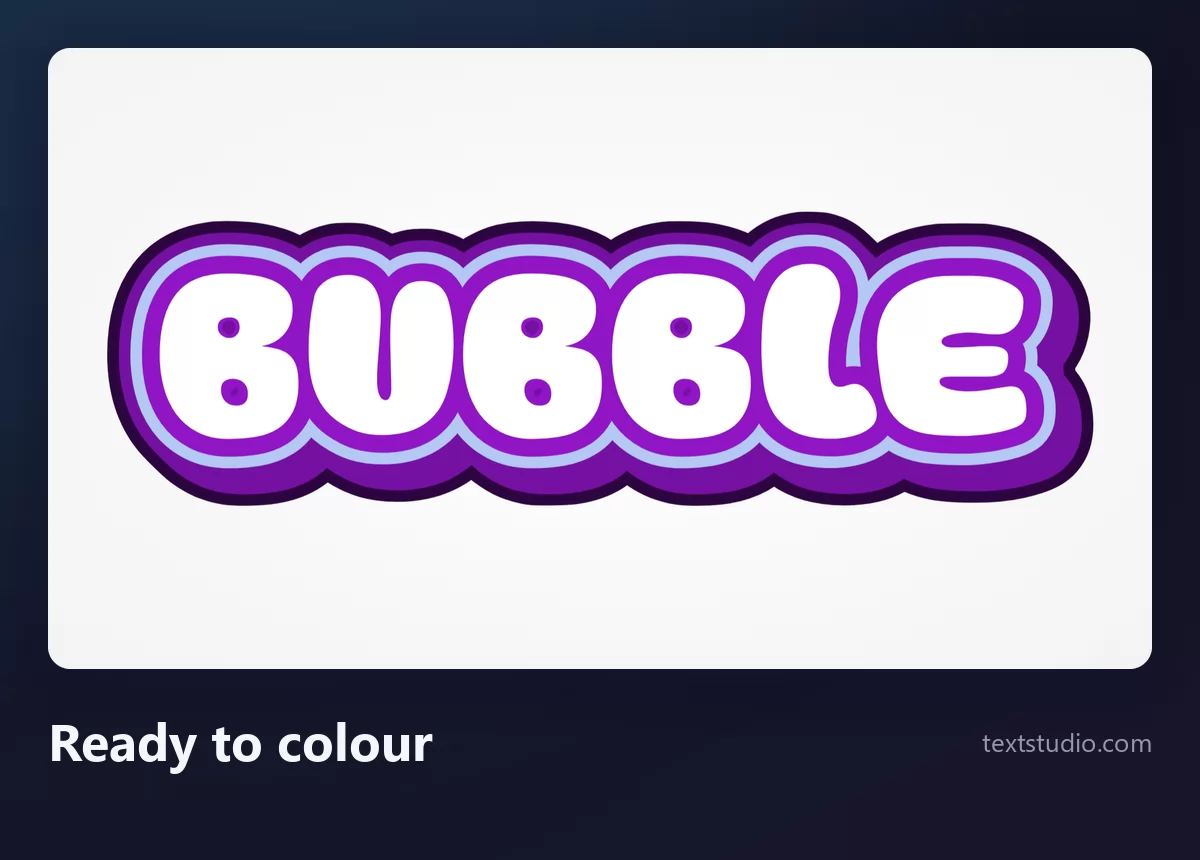 The word Bubble in white bubble letters surrounded by layered light blue and purple outlines, the interiors left empty and ready to be coloured in