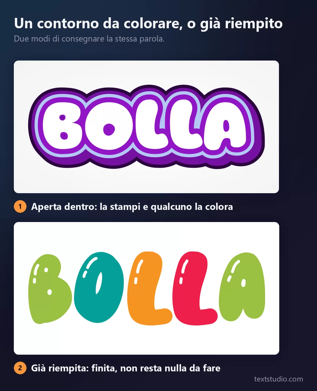 Due trattamenti in lettere bolla della stessa parola: lettere bianche con gli interni lasciati vuoti e pronti da colorare, e lettere già riempite in verde, turchese, arancione e rosso