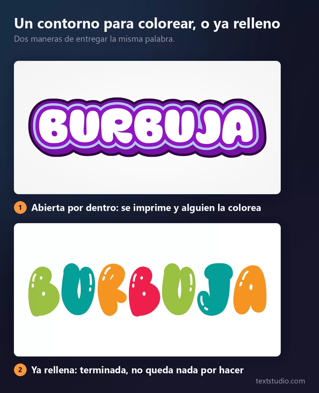 Dos tratamientos de letras burbuja de la misma palabra: letras blancas con los interiores vacíos listos para colorear, y letras ya rellenas en verde, turquesa, naranja y rojo