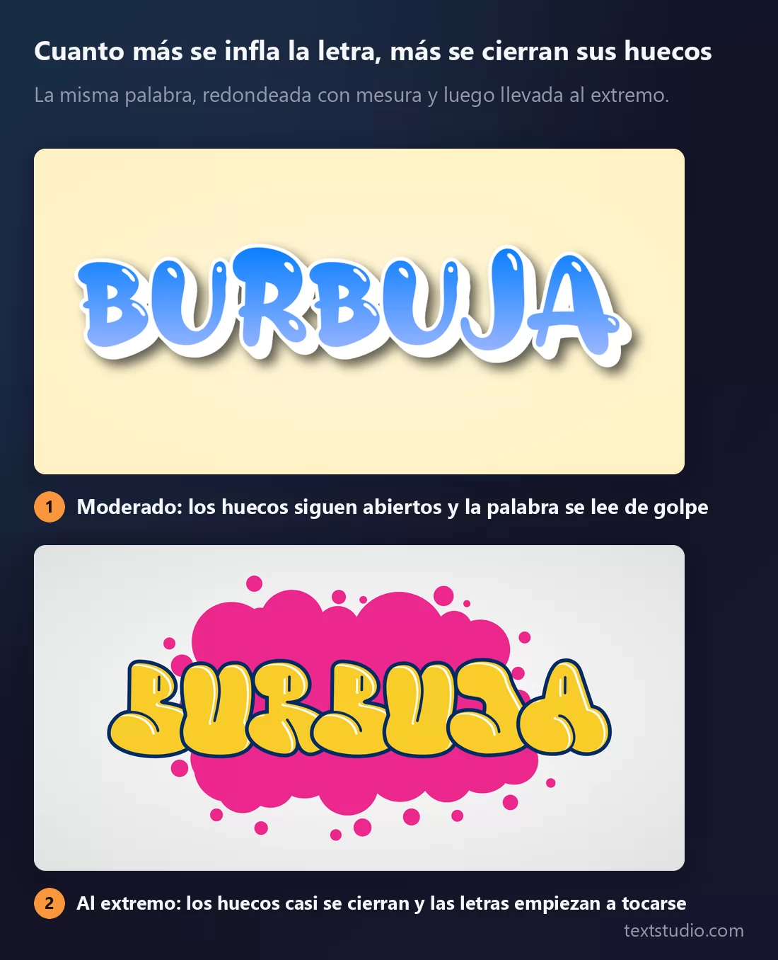 La misma palabra en letras burbuja dos veces: redondeada con mesura y con los huecos interiores todavía abiertos, y llevada al extremo, donde los huecos se reducen a ranuras y las letras se solapan