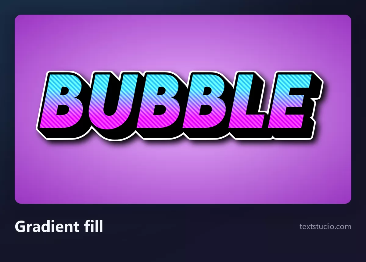 The word Bubble in gradient bubble letters, cyan to magenta fill inside a thick black outline on a purple background