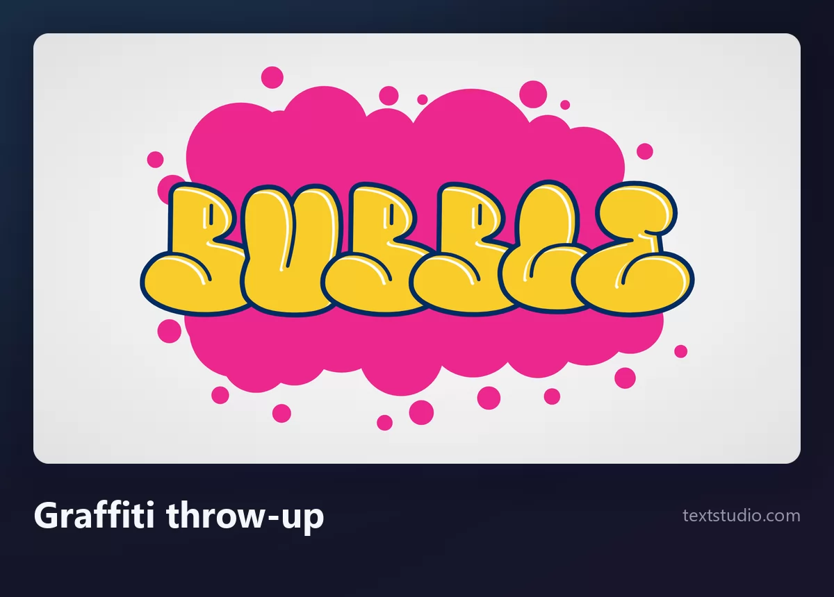 The word Bubble as a graffiti throw-up, yellow inflated letters with a dark outline overlapping each other on a pink cloud shape