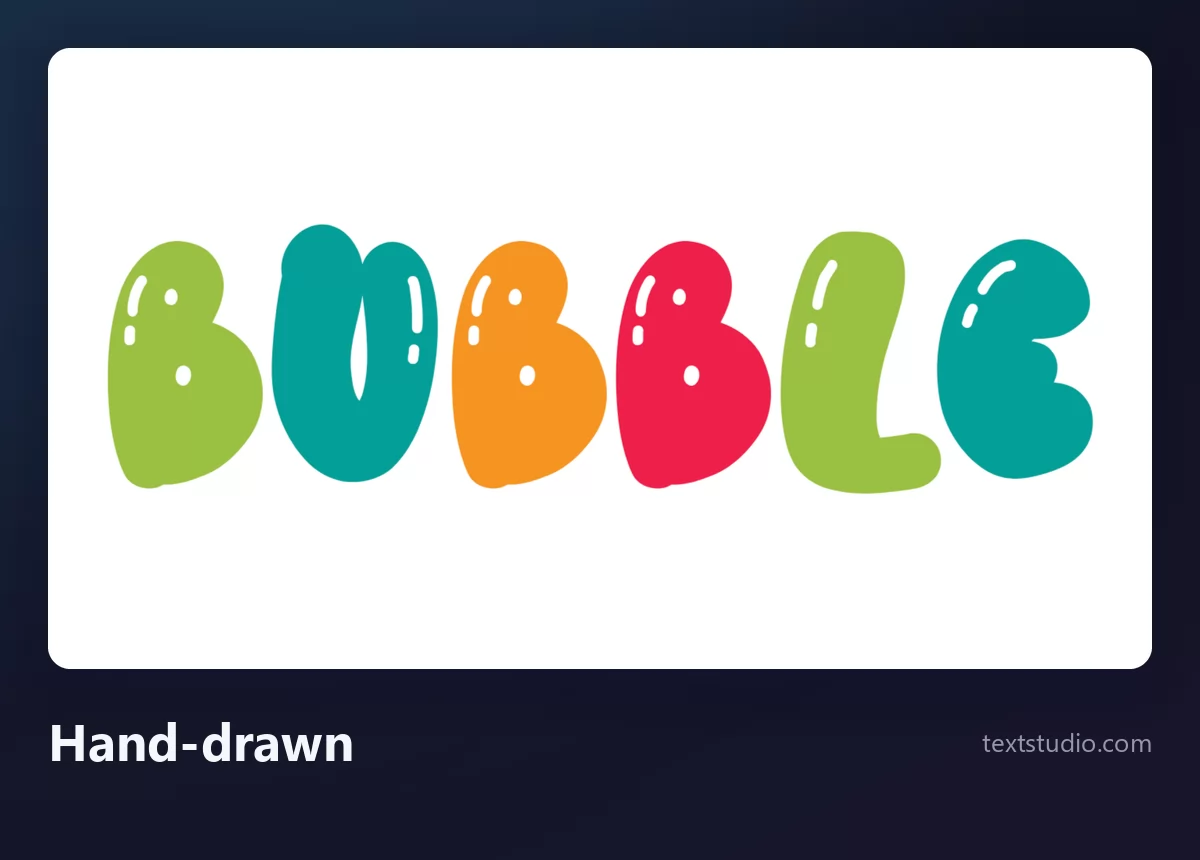 The word Bubble in hand-drawn style bubble letters, fat uneven shapes in green, teal, orange and red with small white highlights and no outline
