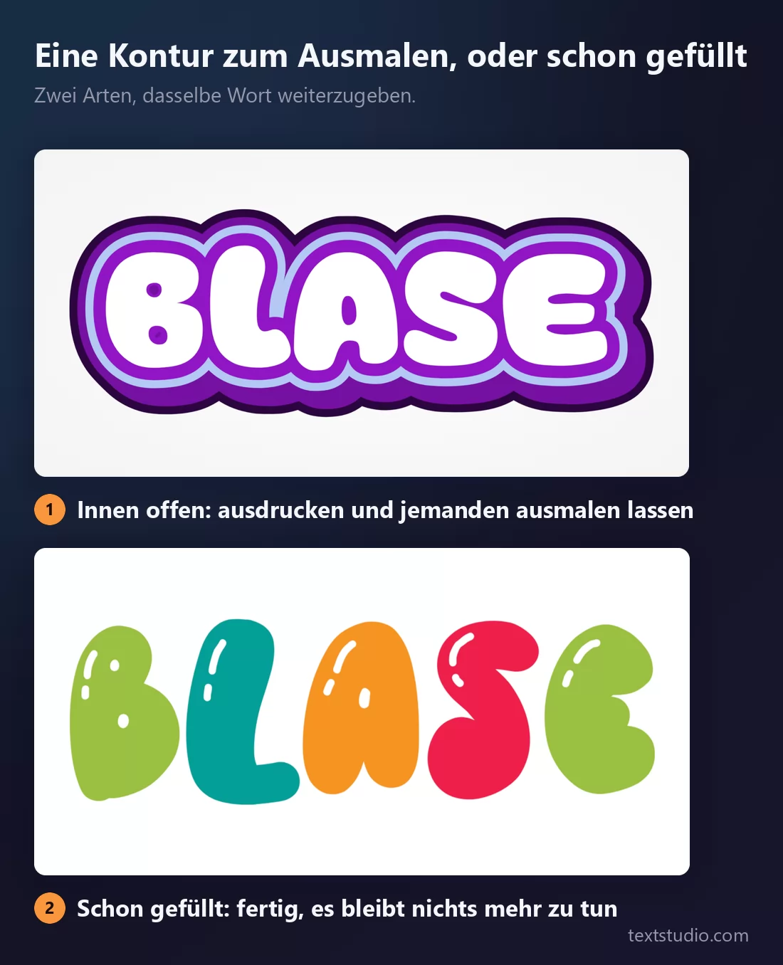 Zwei Umsetzungen desselben Worts in Bubble-Buchstaben: weiße Buchstaben mit leerem Inneren, bereit zum Ausmalen, und Buchstaben, die schon in Grün, Türkis, Orange und Rot gefüllt sind