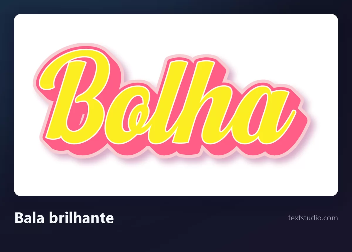 A palavra Bolha numa cursiva bolha de bala brilhante, letras amarelas ligadas com sombra rosa e um brilho vivo atravessando o topo