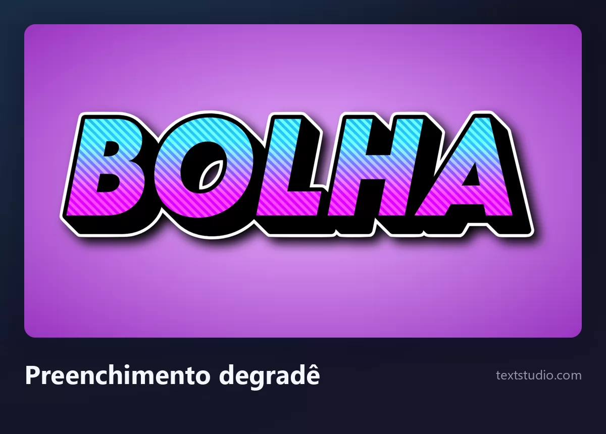 A palavra Bolha em letras bolha com degradê, preenchimento de ciano a magenta dentro de um contorno preto grosso sobre fundo roxo