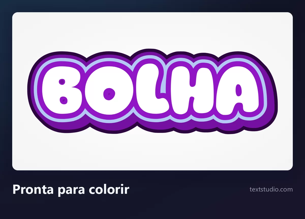A palavra Bolha em letras bolha brancas cercadas por contornos sobrepostos em azul-claro e roxo, com os interiores vazios e prontos para colorir