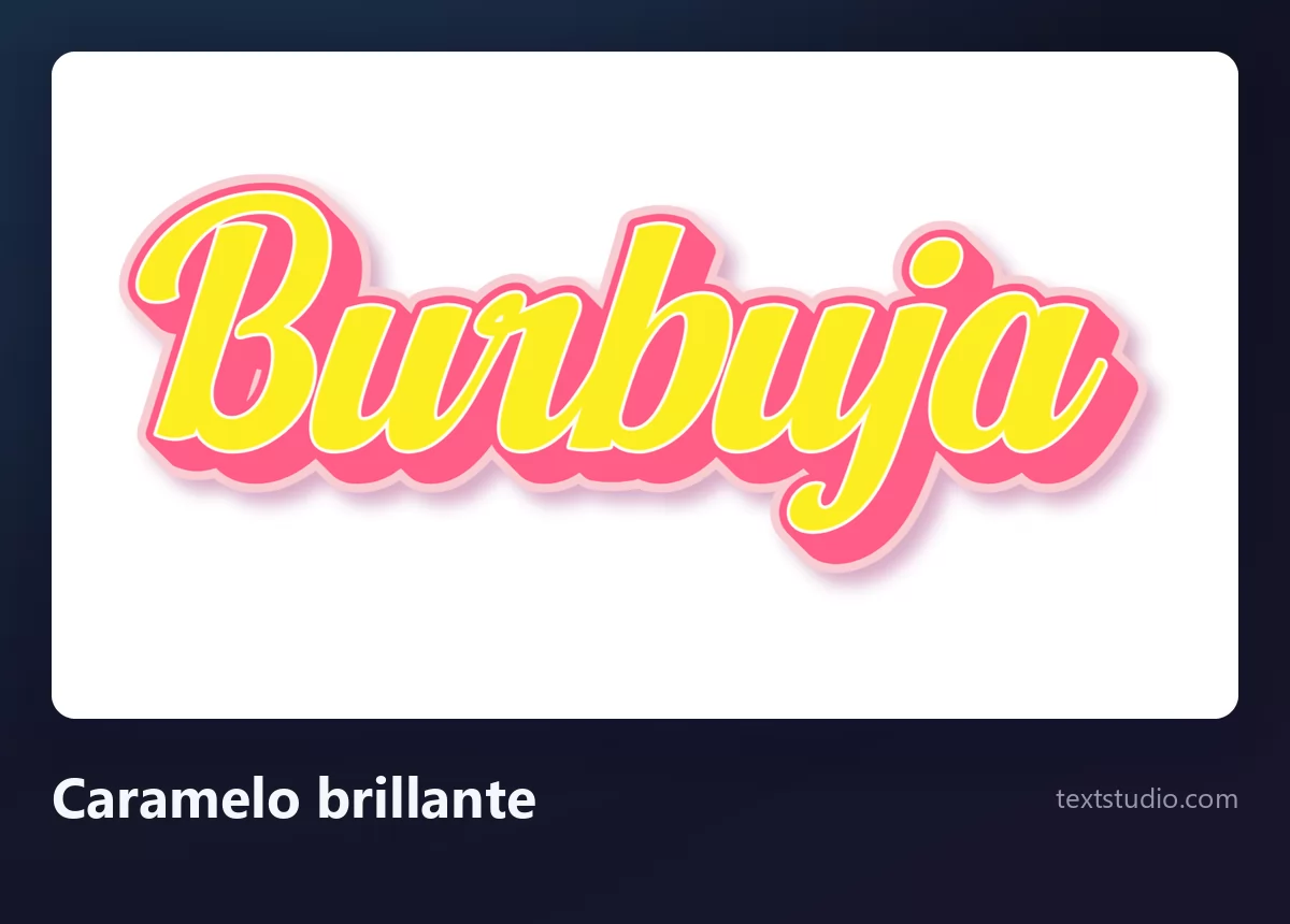 La palabra Burbuja en una cursiva burbuja de caramelo brillante, letras amarillas unidas con una sombra rosa y un brillo intenso cruzando la parte superior