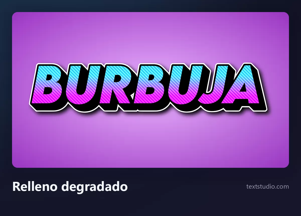 La palabra Burbuja en letras burbuja con degradado, relleno de cian a magenta dentro de un contorno negro grueso sobre un fondo morado