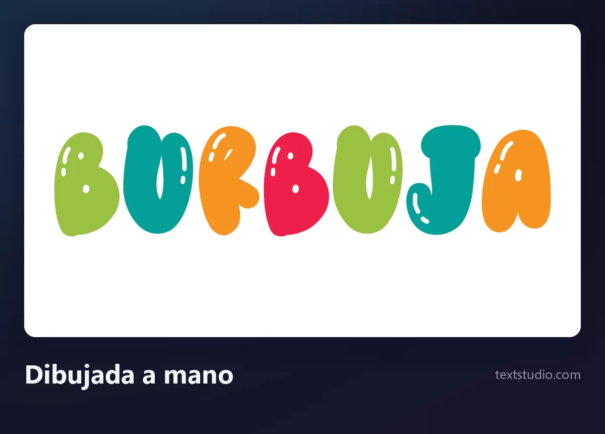 La palabra Burbuja en letras burbuja dibujadas a mano, formas gruesas e irregulares en verde, turquesa, naranja y rojo con pequeños brillos blancos y sin contorno