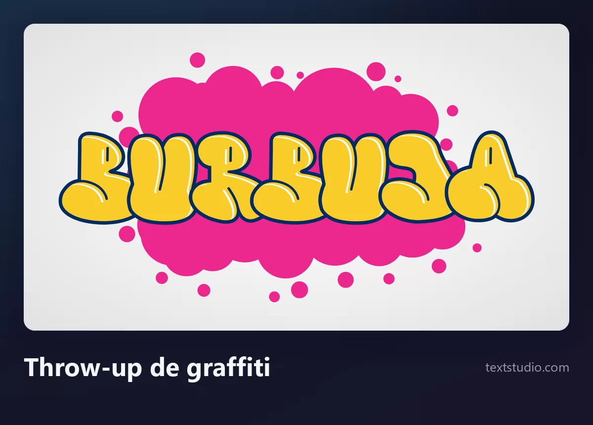La palabra Burbuja como un throw-up de graffiti, letras amarillas infladas con contorno oscuro que se solapan sobre una forma de nube rosa