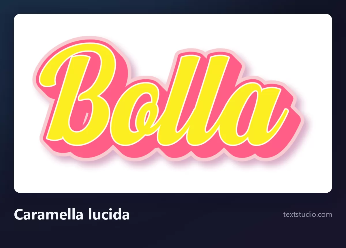 La parola Bolla in un corsivo bolla caramella lucida, lettere gialle unite con un'ombra rosa e un riflesso brillante lungo la parte alta