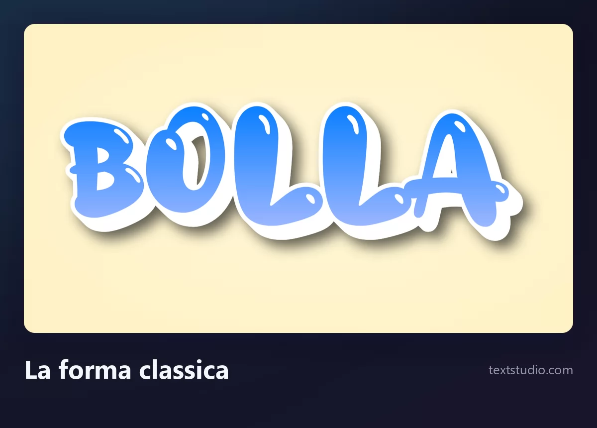 La parola Bolla in lettere bolla classiche, riempimento a sfumatura blu dentro un contorno bianco spesso con un riflesso lucido su ogni lettera