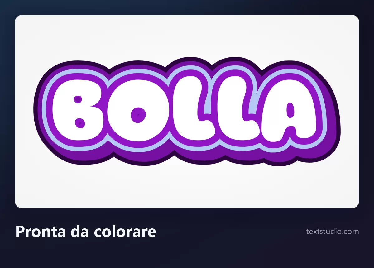 La parola Bolla in lettere bolla bianche circondate da contorni sovrapposti azzurri e viola, con gli interni lasciati vuoti e pronti da colorare