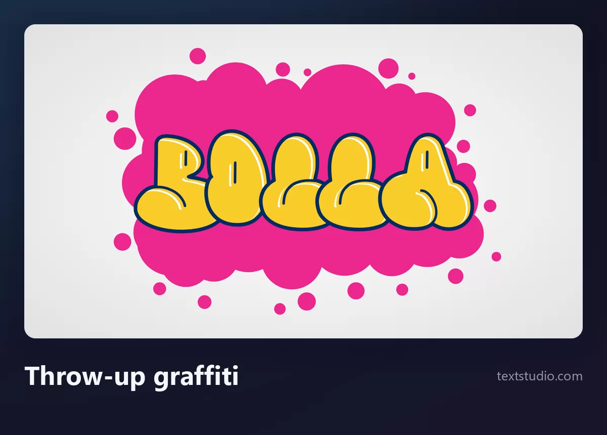 La parola Bolla come throw-up graffiti, lettere gialle gonfiate con un contorno scuro che si sovrappongono su una forma a nuvola rosa
