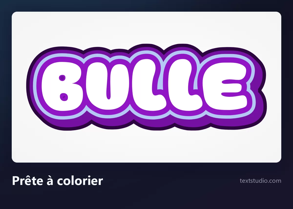 Le mot Bulle en lettres bulle blanches entourées de contours superposés bleu clair et violets, les intérieurs laissés vides et prêts à être coloriés