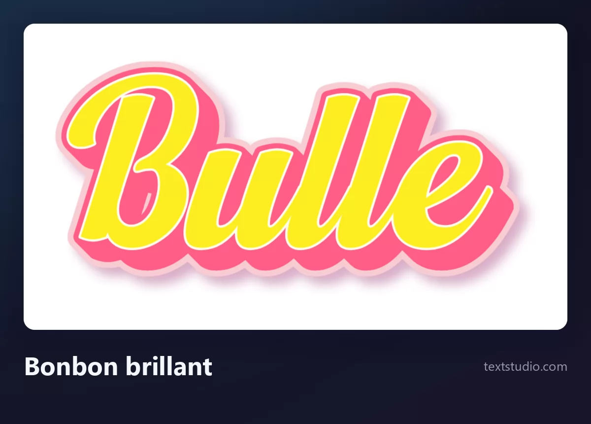 Le mot Bulle en script bulle bonbon brillant, lettres jaunes liées avec une ombre rose et un reflet vif en travers du haut