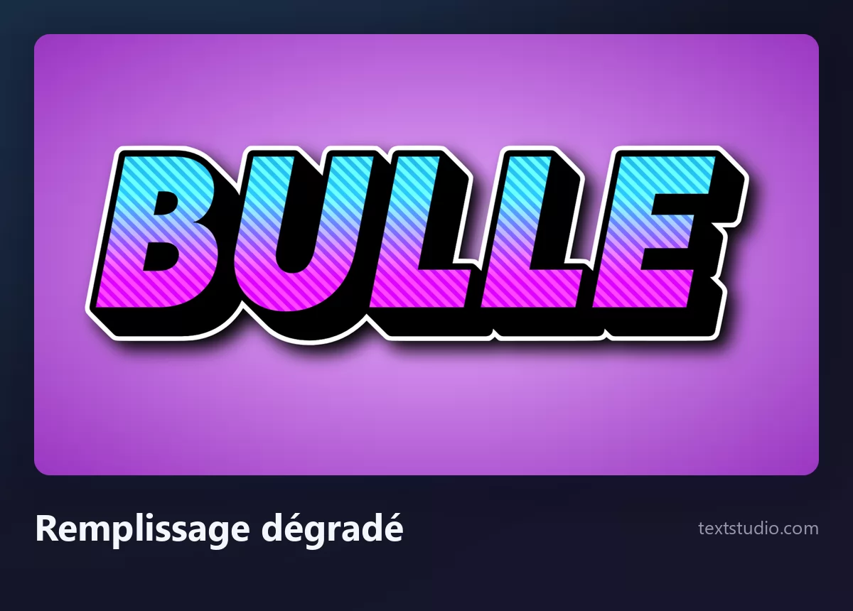 Le mot Bulle en lettres bulle dégradées, remplissage cyan vers magenta à l'intérieur d'un épais contour noir sur fond violet